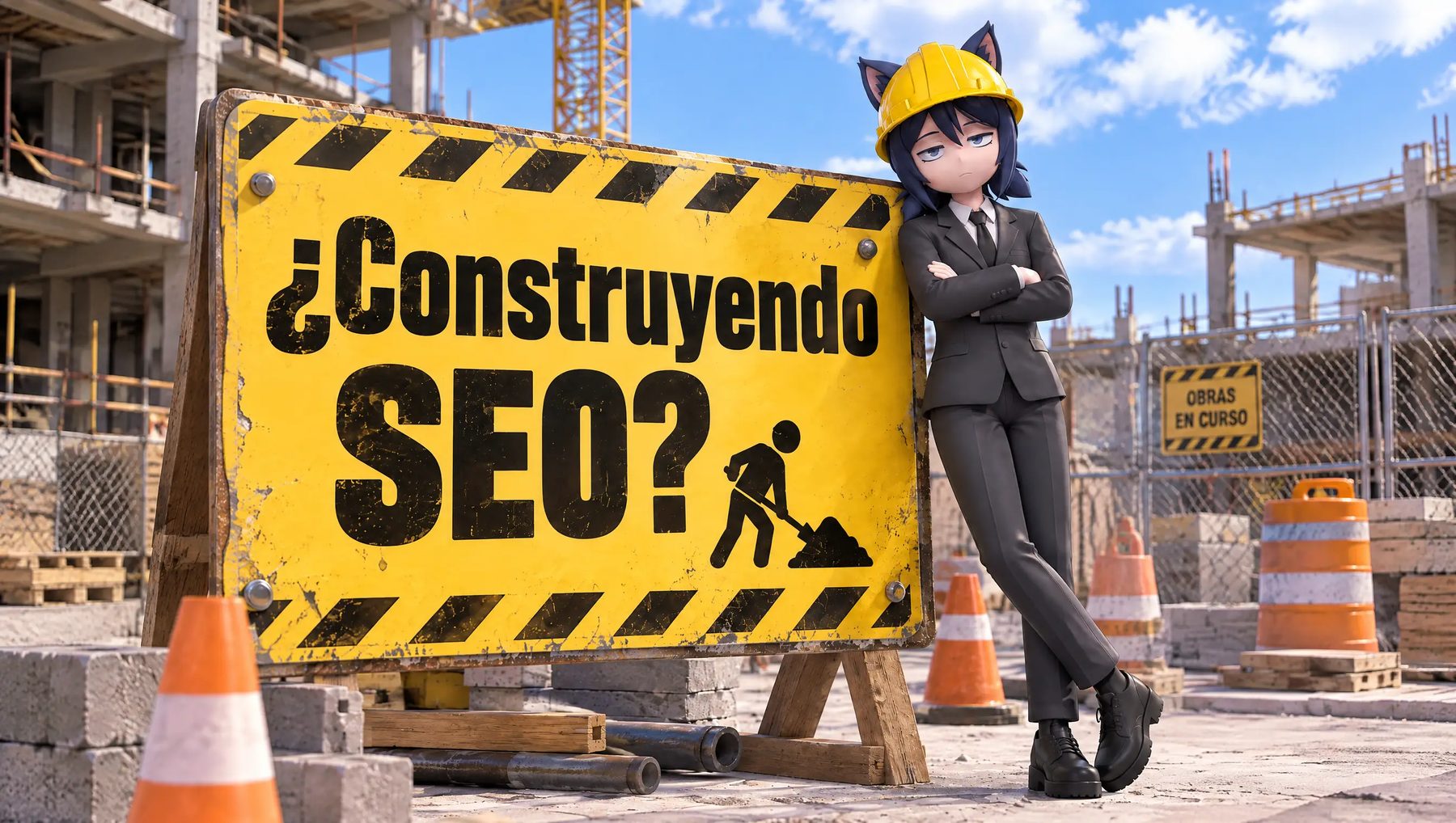 La mascota de HighBuilds con casco de obra, apoyada en un cartel amarillo que pregunta “¿Construyendo SEO?” en una construcción.