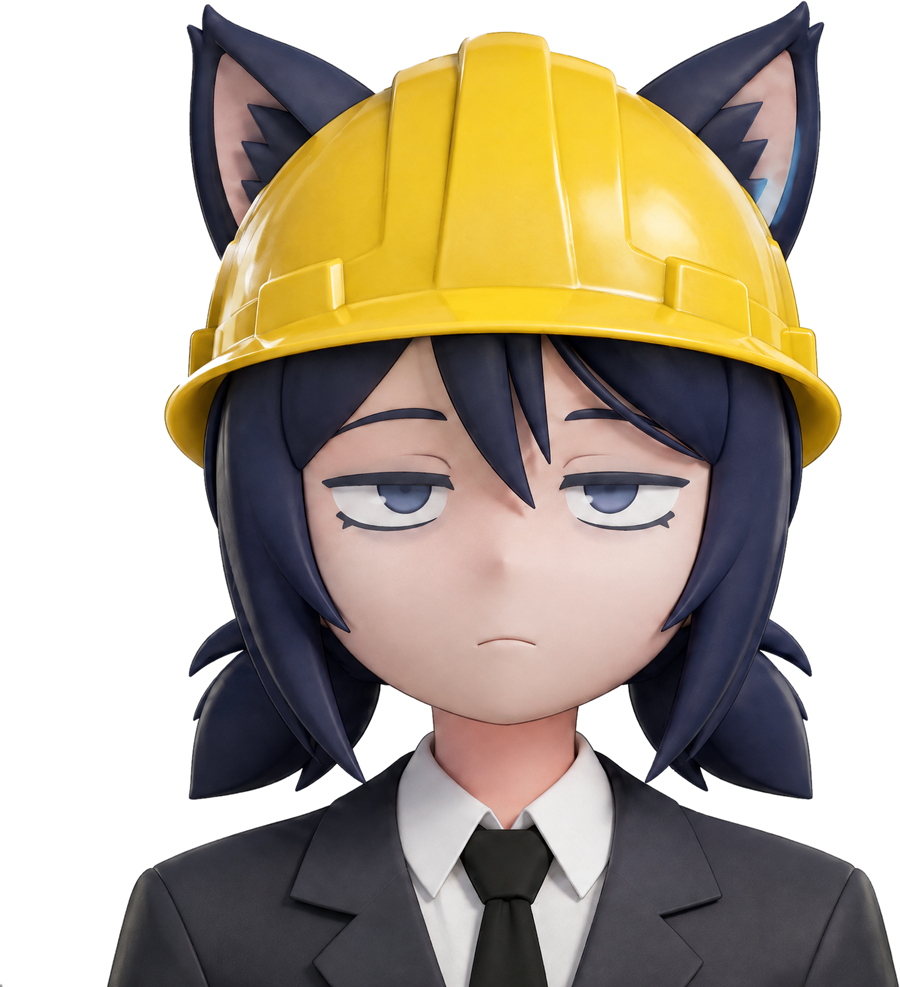 Retrato de la mascota de HighBuilds con casco de obra amarillo y traje oscuro.